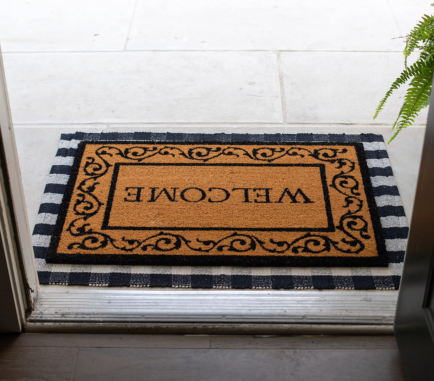 BIRDROCK HOME Layered Welcome Mat with Scroll Border - Durable Vinyl Backed Outdoor Doormat - Non-Slip Front Door Entryway Rug - Weather Resistant Exterior Mat for Porch, Backdoor - 30"" x 42"" "