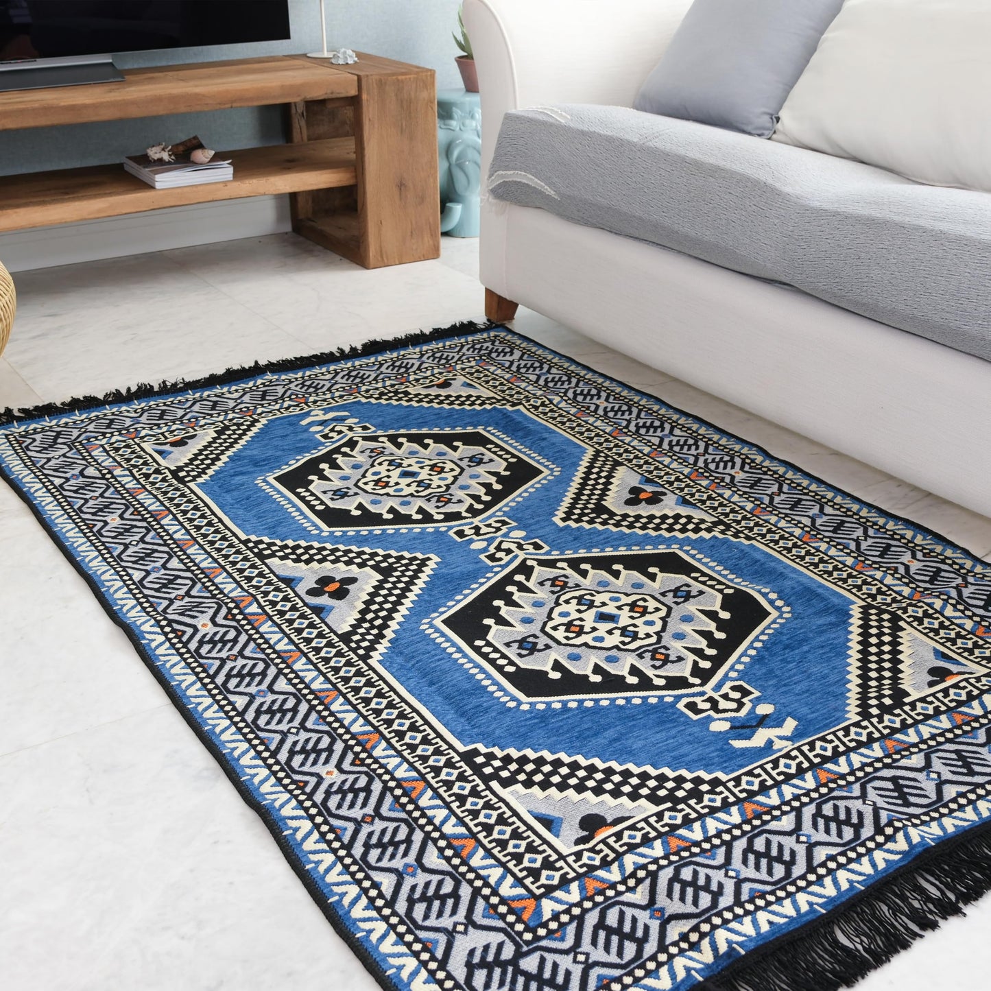 mysticalanatolia Kilim Area Rug 4'x6' Flatweave, Machine Washable, Lightweight, Foldable, Boho Tribal, Ideal for Living Room, Dining Room, Bedroom - Blue/Grey