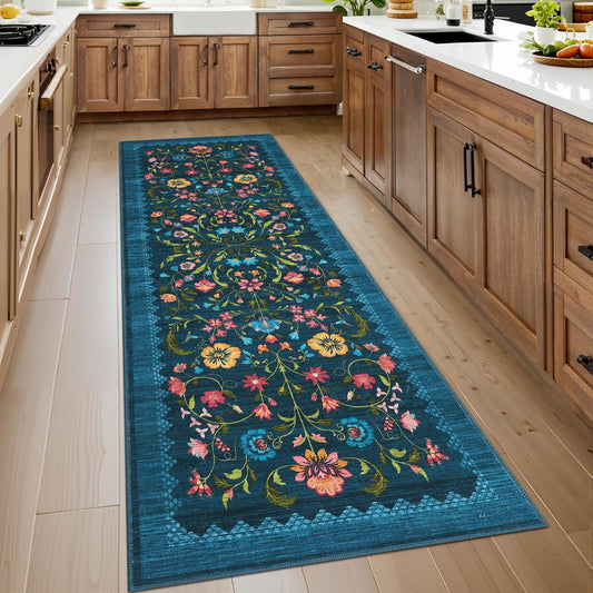GarveeHome Floral Rug 2x6 Runners for Hallways, Boho Kitchen Runner Rugs Non Slip Bath Runners, Vintage Washable Runner Rug for Bedroom, Soft Long Rugs for Entryway Bathroom Laundry Dorm, Blue