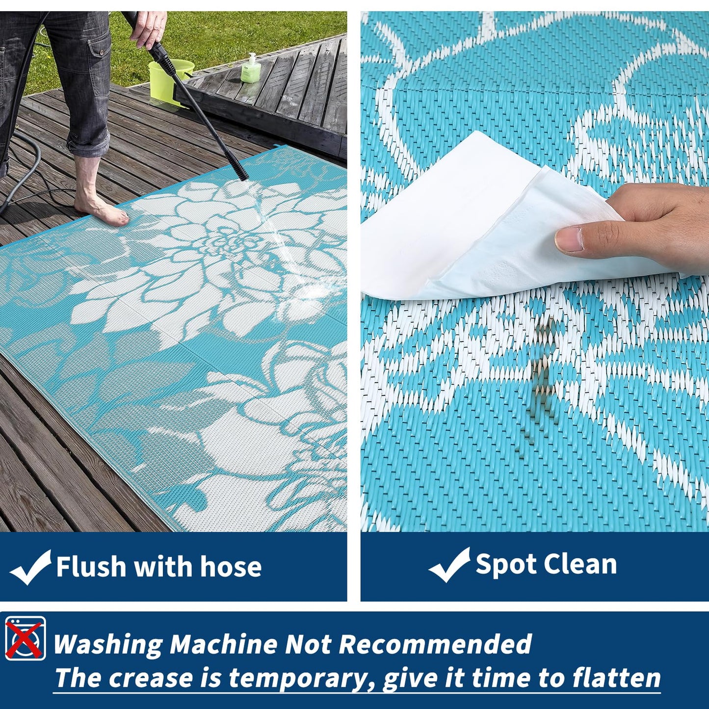 IDEALHOUSE Reversible Outdoor Rug, 320GSM Recycled Plastic Patio Rug, Lightweight Folding Camping Mat with Carry Bag and 4 Stakes, for RV, Picnic, Beach, Balcony, Light Blue White, 9x18 ft