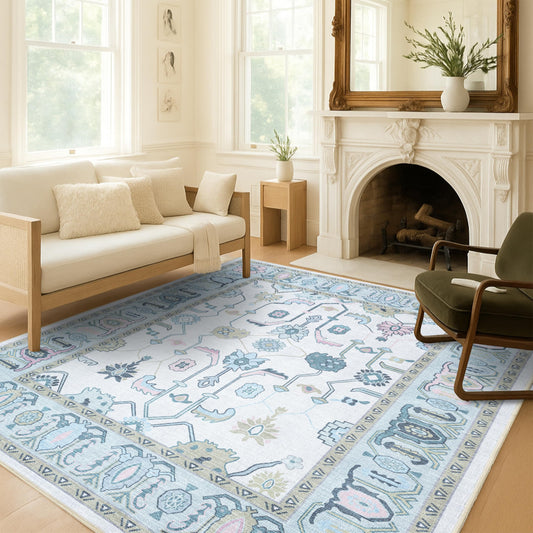 Fame Living Cream Green Oushak Rug, Modern, Vintage, Turkish, Eclectic, Floral, Pastel, Washable, Area Rugs for Living Room, Dining, Bedroom, Office, Entryway, Foyer, Playroom, Nursery, 5'x6'9"