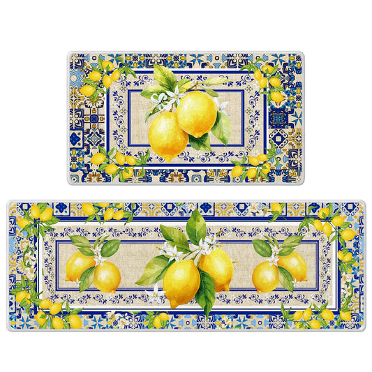 InIsaJace Lemon Kitchen Mats Set of 2, Mediterranean Kitchen Rugs Non Slip for Floor, Amalfi Coast Decor Yellow and Blue Decorative Rug for Home (16x28 +16x47 Inches)