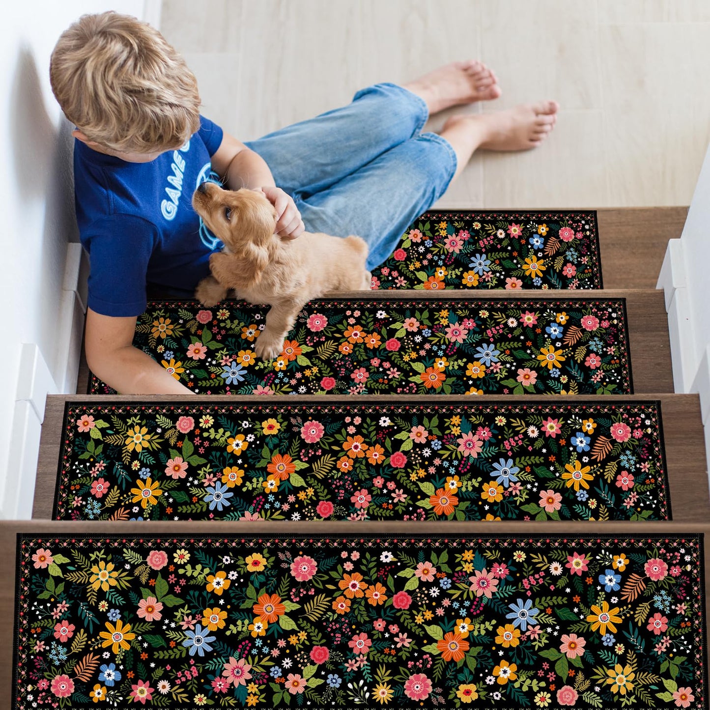 InIsaJace Floral Stair Treads for Wooden Steps, 15 Pack Black Stair Runners Non Slip Indoor 8" X 30", Washable Carpet Rugs with Silicone Backing for Kids Elders and Dogs