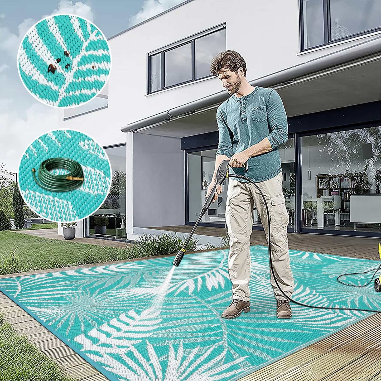 HiiARug Outdoor Rug 5x7 ft, Reversible Waterproof Plastic Straw Patio Rugs, RV Mat for Outside Quick Dry Carpet for Deck Porch Poolside Beach Camper Backyard