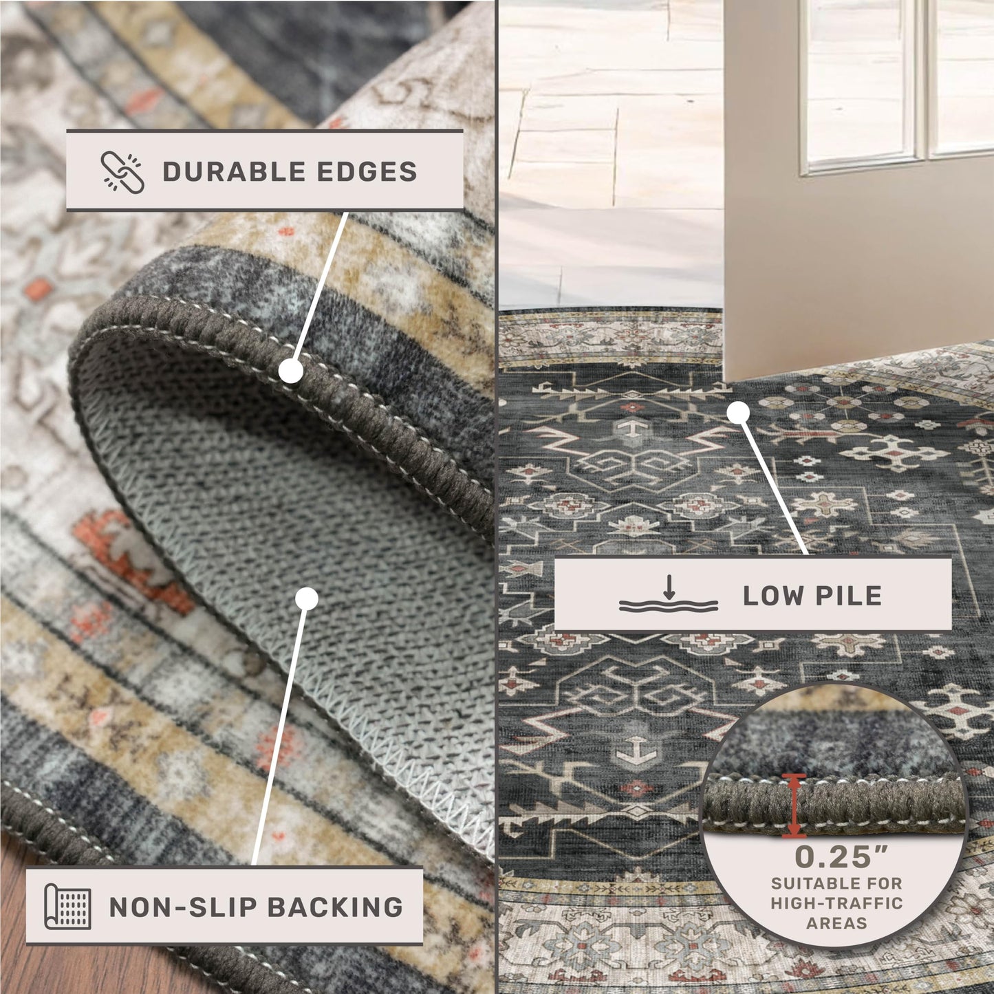 Washable Small Oval Rug 3x5 for Entryway, Black Boho Oval Area Rug for Kitchen, Bedroom Bedside, Mudroom, Modern Moody Low Pile Carpet for Bathroom, Laundry Room, Throw Rug Indoor Non-Slip