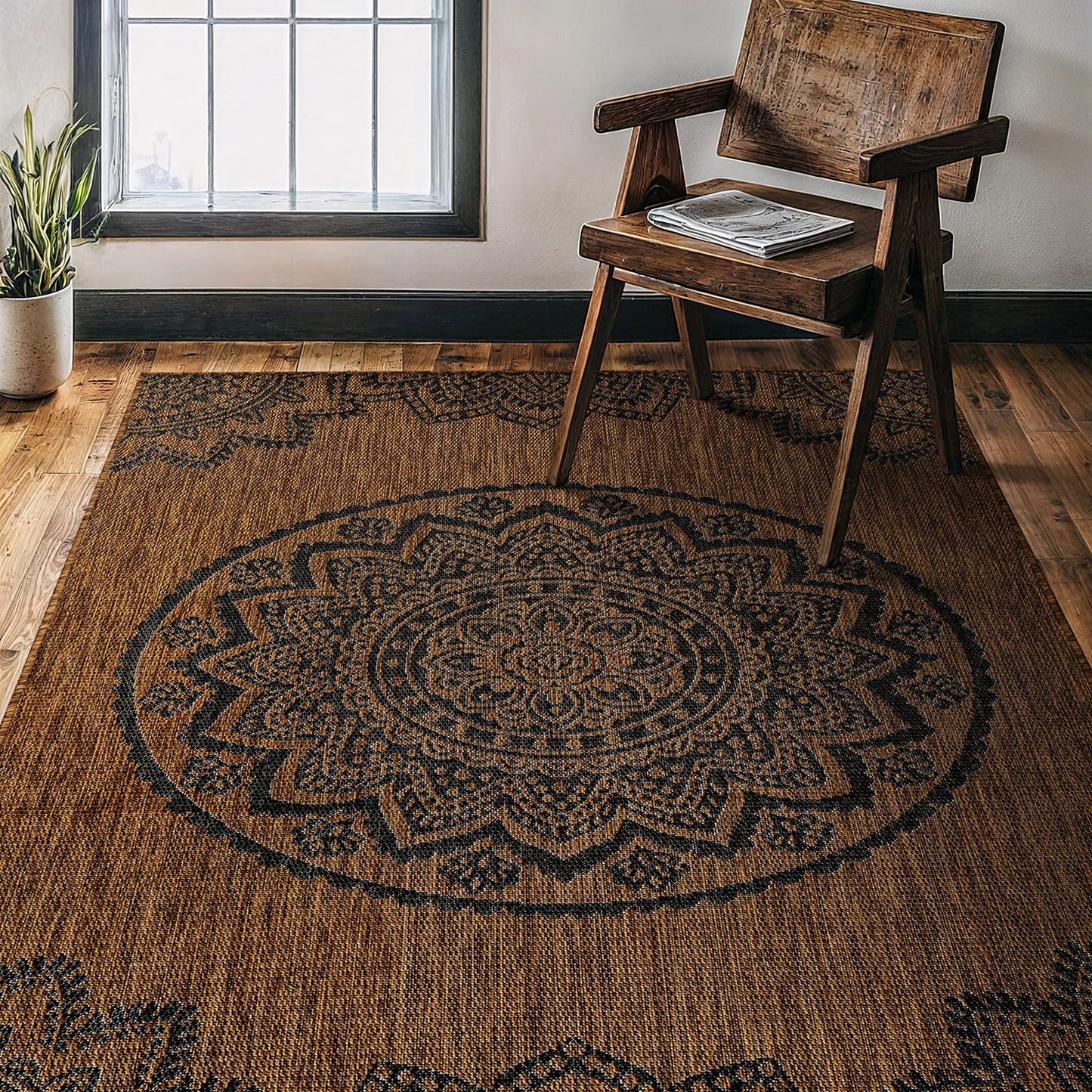 CAMILSON Outdoor Rug 5x7 Modern Area Rugs for Indoor and Outdoor Patios and Porches - Waterproof Washable Non-Shedding Easy-to-Clean Outside Carpet (5 x 7 Medallion - Gold/Black)