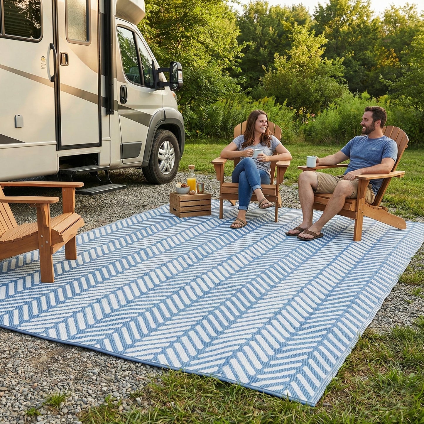 FH Home Outdoor Camping Rug - Waterproof, Fade Resistant, Reversible - Premium Recycled Plastic - Herringbone - Large Patio, Deck, Sunroom, RV - Fresno - Light Blue - 4 x 6 ft Foldable