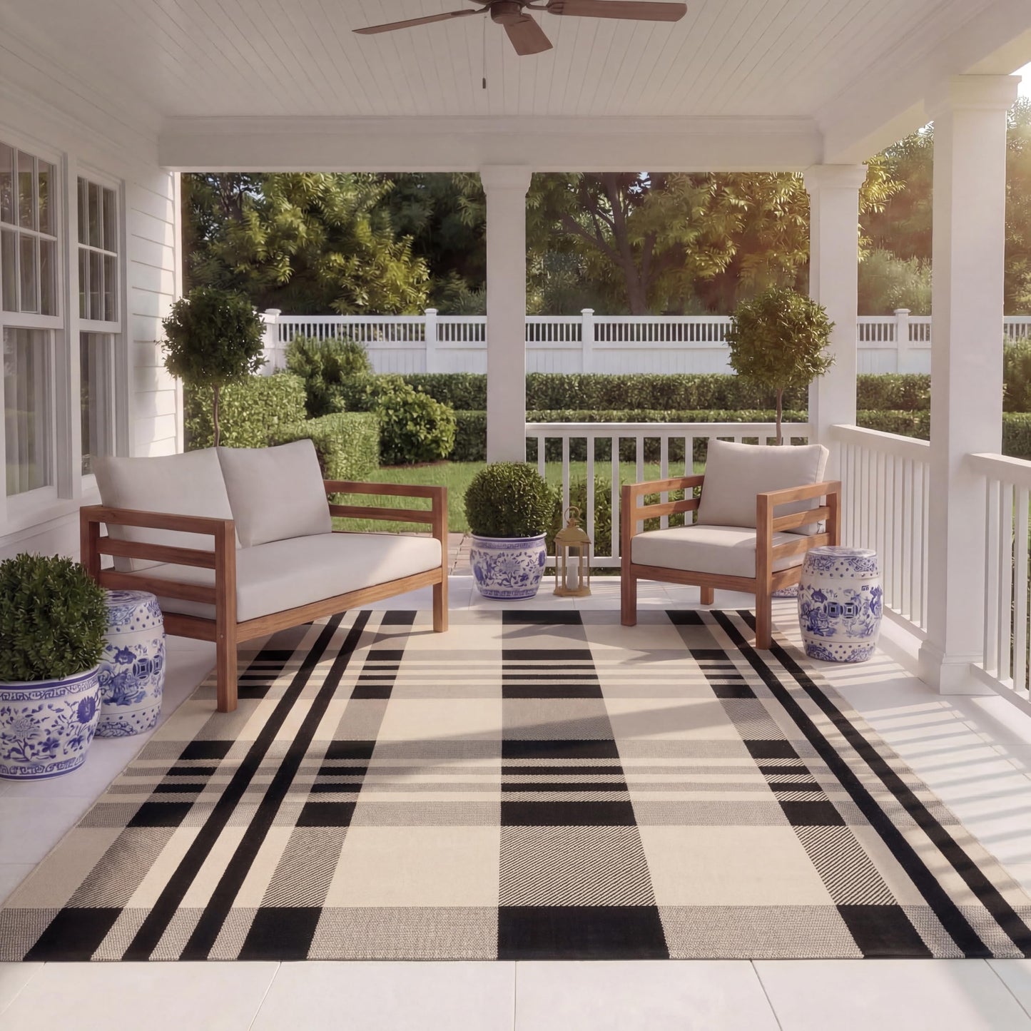 SAFAVIEH Washable Rug Outdoor Courtyard Collection - 9' x 12', Black & Bone, Plaid Pattern, Non-Shedding & Easy Cleaning, Ideal for Patio, Backyard, Mudroom (CY6201-216)