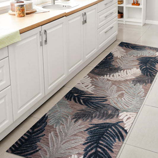 JONATHAN Y Tropical Palm Indoor Outdoor Runner Rug 2X8 Brown/Navy/Ivory, Montego High-Low for Backyard, Patio, Porch, Easy-Cleaning, High Traffic, Pet-Friendly, Non-Shedding (HWC101B-28)