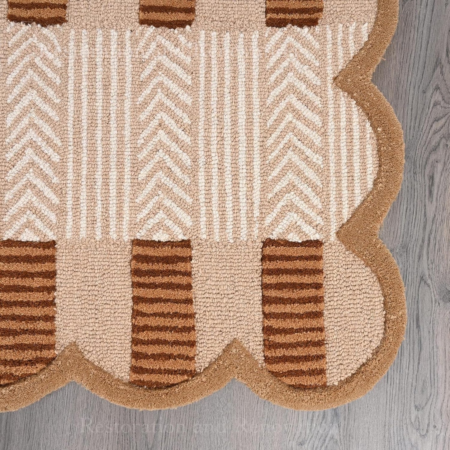 Handmade Scalloped Wool Area Rug - Modern Geometric Pattern, Green-Beige Stripes, Checkered Chevron Design - Soft, Durable Thick Carpet for Living Room, Bedroom, Dining Room (Light Brown, 4' x 6')