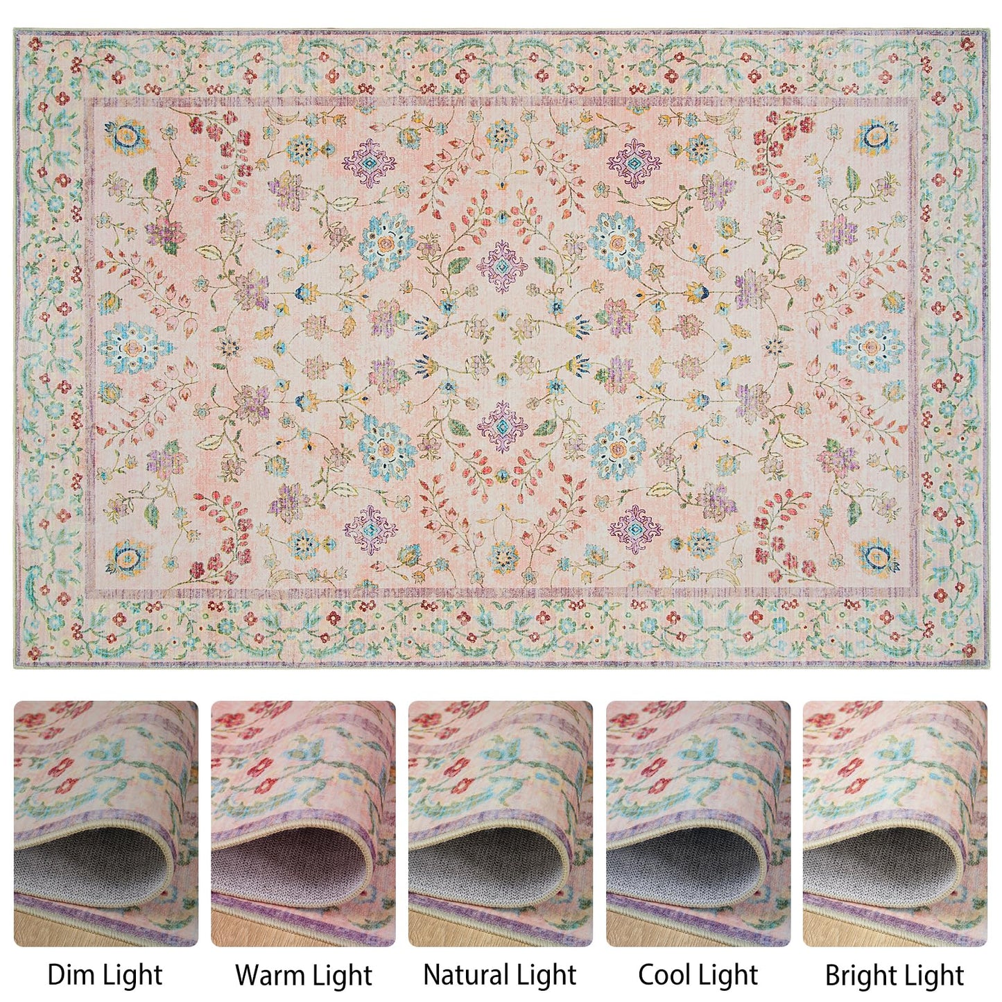 Goideal Pale Pink Rug for Girls Room, 4x6 Floral Washable Area Rug Non Slip, Boho Low Pile Carpet with Rubber Backing for Bedroom Living Room Bathroom Playroom Nursery Office