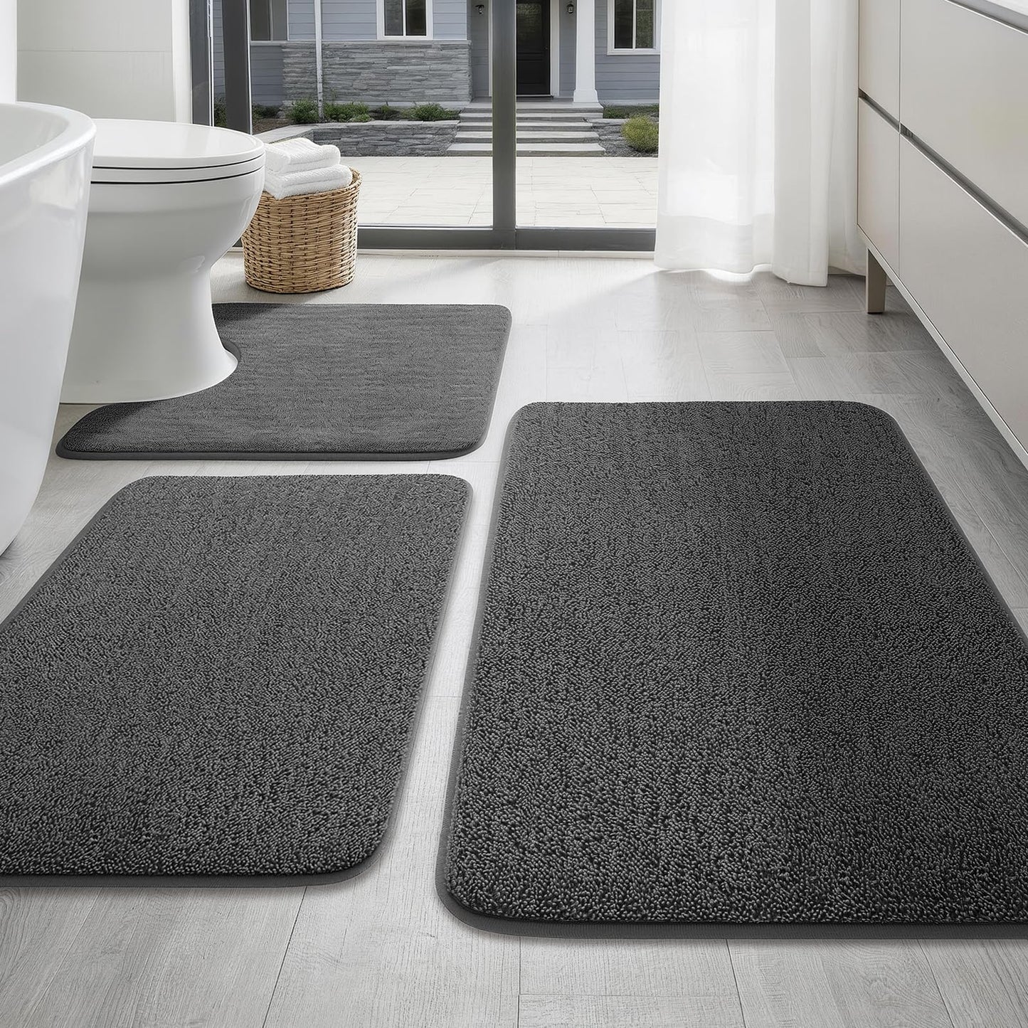 YIHOUSE Memory Foam Bathroom Rugs Sets 3 Piece - Extra Thick Soft Towel-Like Absorbent Bath Mat Set, Non Slip Machine Washable Bath Rugs Carpet for Bath, Tub and Shower, Dark Grey