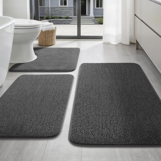 YIHOUSE Memory Foam Bathroom Rugs Sets 3 Piece - Extra Thick Soft Towel-Like Absorbent Bath Mat Set, Non Slip Machine Washable Bath Rugs Carpet for Bath, Tub and Shower, Dark Grey