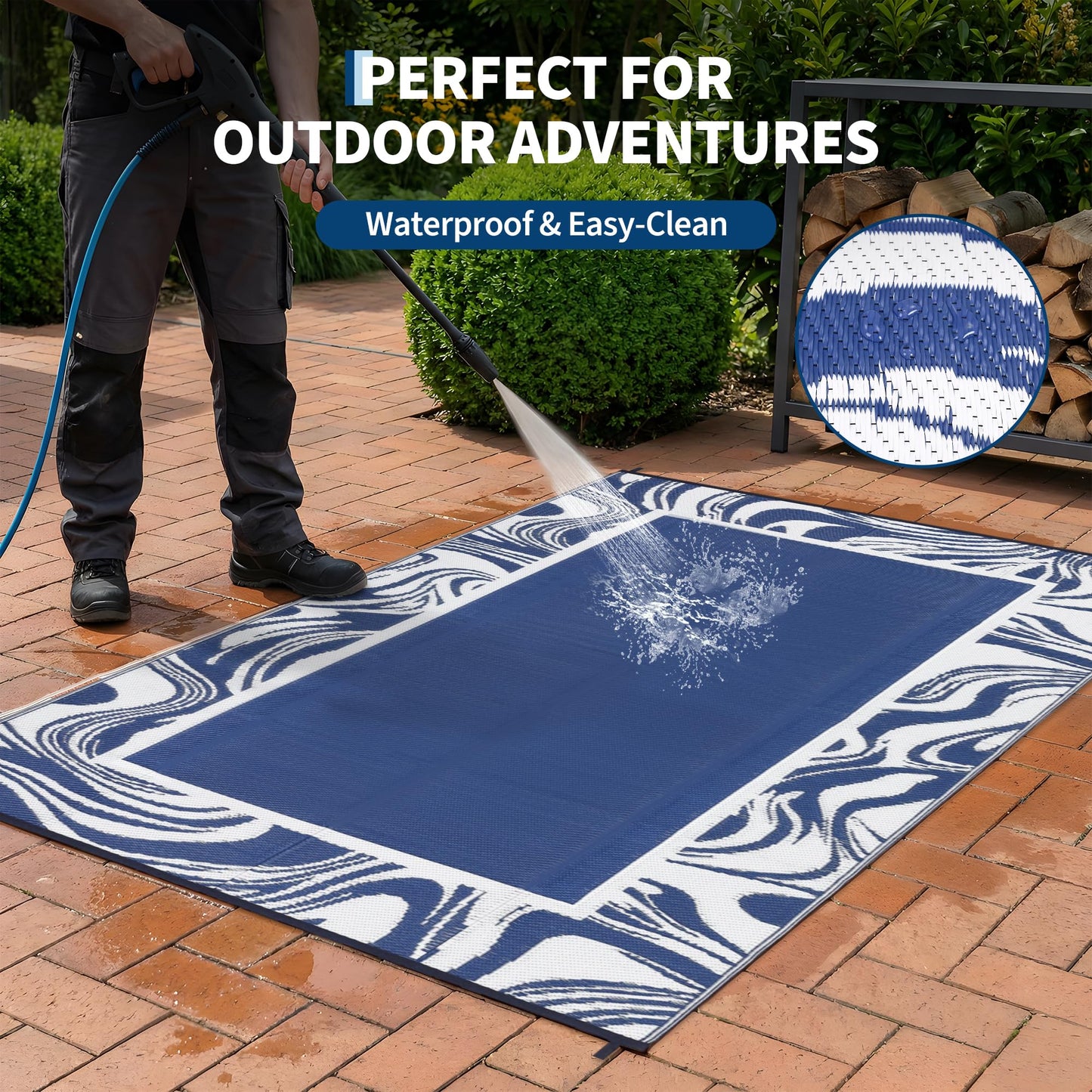 Garvee Outdoor Rug 5x8 Modern Bordered Camping Rug Foldable Plastic Straw Rugs Waterproof Abstract Reversible Large Outdoor Carpet for Patio, RV, Deck, Balcony, Backyard, Picnic, Beach, Clover,Navy
