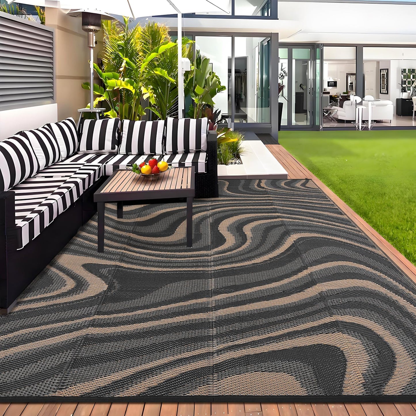MilleLoom Patio Modern Abstarct Outdoor Rug 10x14 Waterproof Large Reversible Camping Mat Foldable Lightweight Plastic Straw Outdoor Rug for Deck, Camper, Balcony, Beach, Rv，Black/Gray/Brown