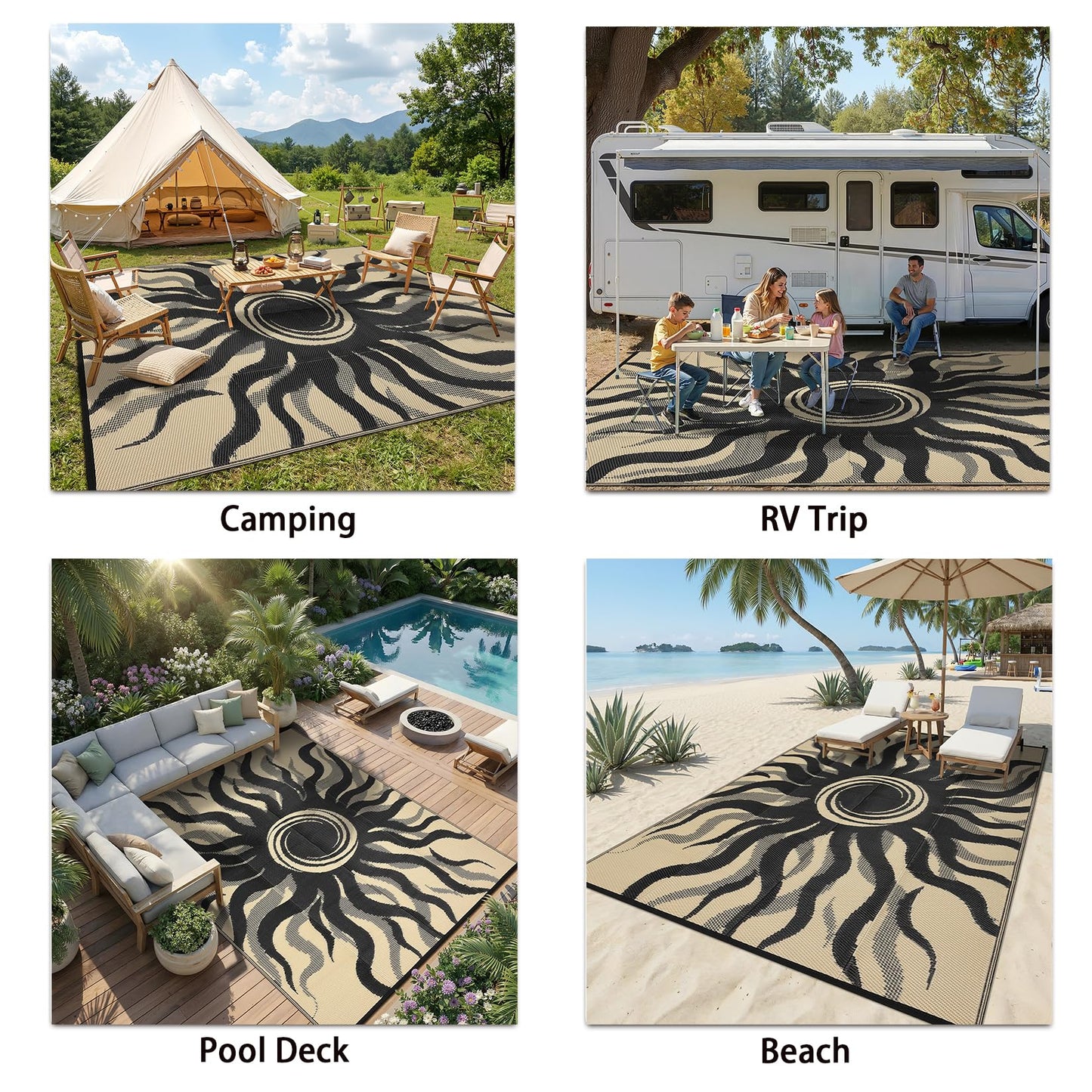 Garvee Outdoor Rug 6x9 Waterproof Patio Rugs with Boho Sun Pattern, Reversible Plastic Straw Camping Rugs Outdoor Indoor RV Mat Carpet for Deck, Backyard, Picnic, Porch, Balcony, Beach, Black