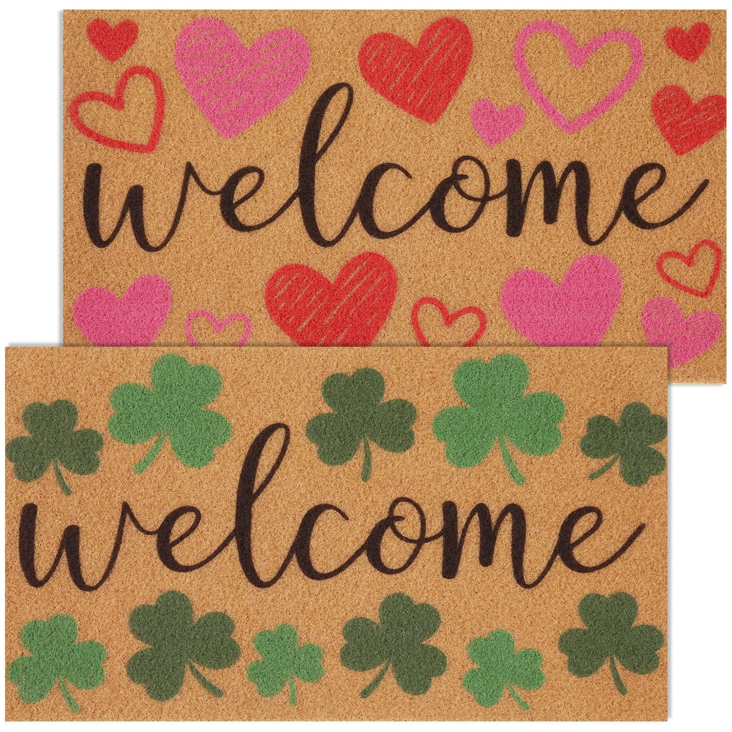 Dunzy 2 Pcs Valentine's Day Welcome Doormat Red Heart and Green Shamrock Coir Door Mat, St. Patrick's Day 16.5" x 29.5" Non-Slip Doormats for Indoor, Outdoor Rug, Porches, Kitchens, Bathrooms