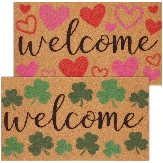 Dunzy 2 Pcs Valentine's Day Welcome Doormat Red Heart and Green Shamrock Coir Door Mat, St. Patrick's Day 16.5" x 29.5" Non-Slip Doormats for Indoor, Outdoor Rug, Porches, Kitchens, Bathrooms
