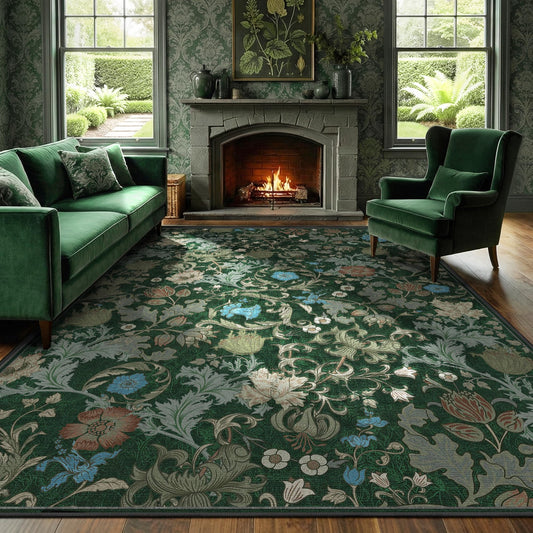 Forest Green Washable Floral Area Rug 6x9 for Bedroom, Vintage Farmhouse Botanical Rug, Non Slip Low Pile Thin Floor Carpet Large Area Rug, Soft Decorative Rug for Living Room Dining Room Home Office