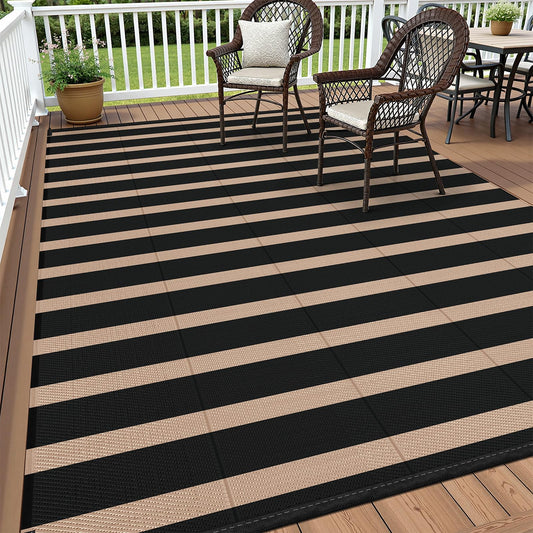 Vaukki Waterproof Outdoor Rug 5x8, Reversible Striped Patio Rug, Lightweight Plastic Straw Camping Mat, Indoor Outdoor RV Carpet for Outsides, Patio, Camping, Balcony, RV and Deck, Black and Beige