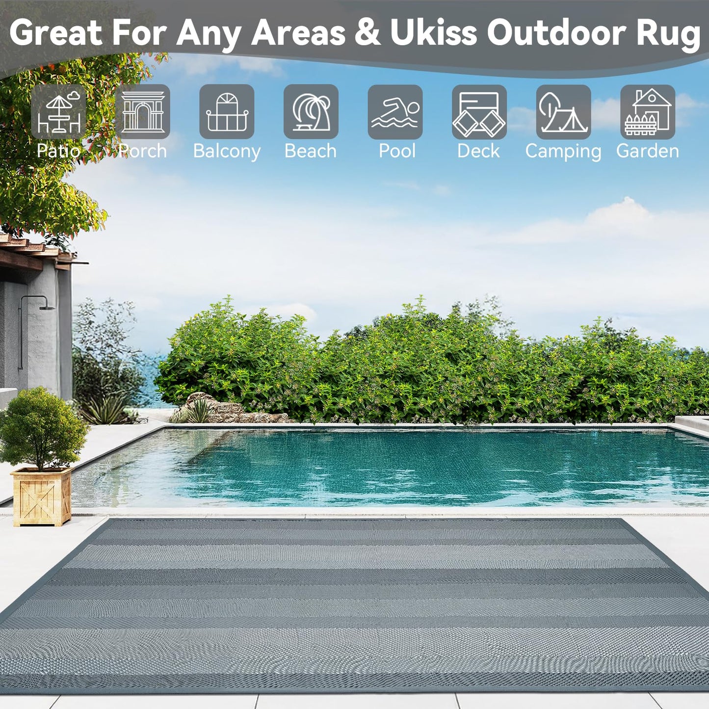 UKISS Outdoor Rug Carpet，Reversible Portable Plastic Straw Camping Rugs， 8' x 10' Waterproof Mat， Large Outdoor Area Rugs for Patio，RV, Picnic, Backyard, Deck, Balcony, Porch, Beach, Grey
