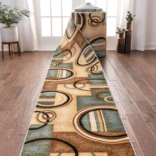 Well Woven Custom Size Hallway Stair Runner- Choose Length - Deco Rings Light Blue Geometric Modern 26 Inch Wide x 8 Feet Long Runner (26" x 8') Abstract Color Block Carpet