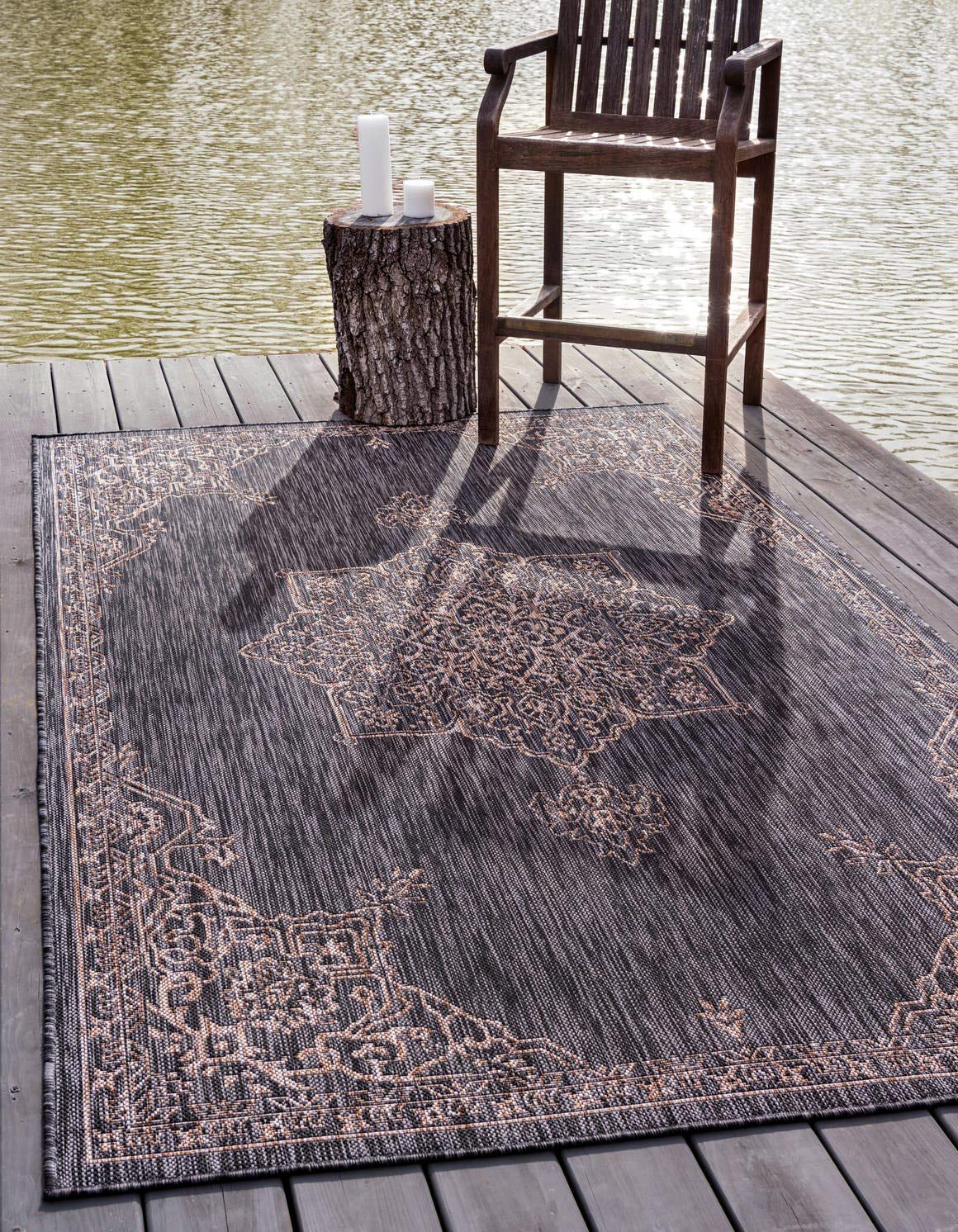 Unique Loom Outdoor Traditional Collection Area Rug - Antique (9' x 12' Rectangle, Charcoal Gray/ Natural)