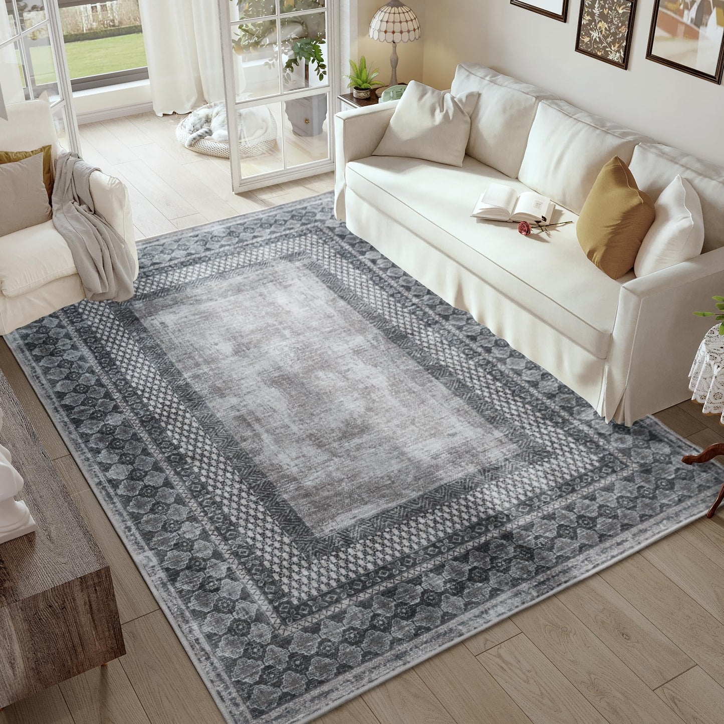 NICETOWN Living Room Rugs 5x8, Thin Washable Vintage Non-Slip Area Rugs for Bedroom, Durable Soft for Dining Room Living Room Laundry, Grey