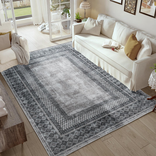 NICETOWN Living Room Rugs 5x8, Thin Washable Vintage Non-Slip Area Rugs for Bedroom, Durable Soft for Dining Room Living Room Laundry, Grey