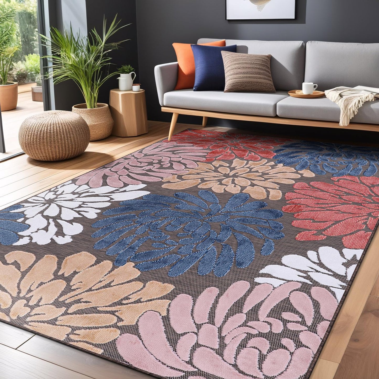 Luul Home Floral Indoor Outdoor Rugs 5x7 Large Area Rug for Living Room, Patio Decor, Kitchen, and Entryway Rug, Washable Stain Resistant Outside Carpet Brown 5 x 7