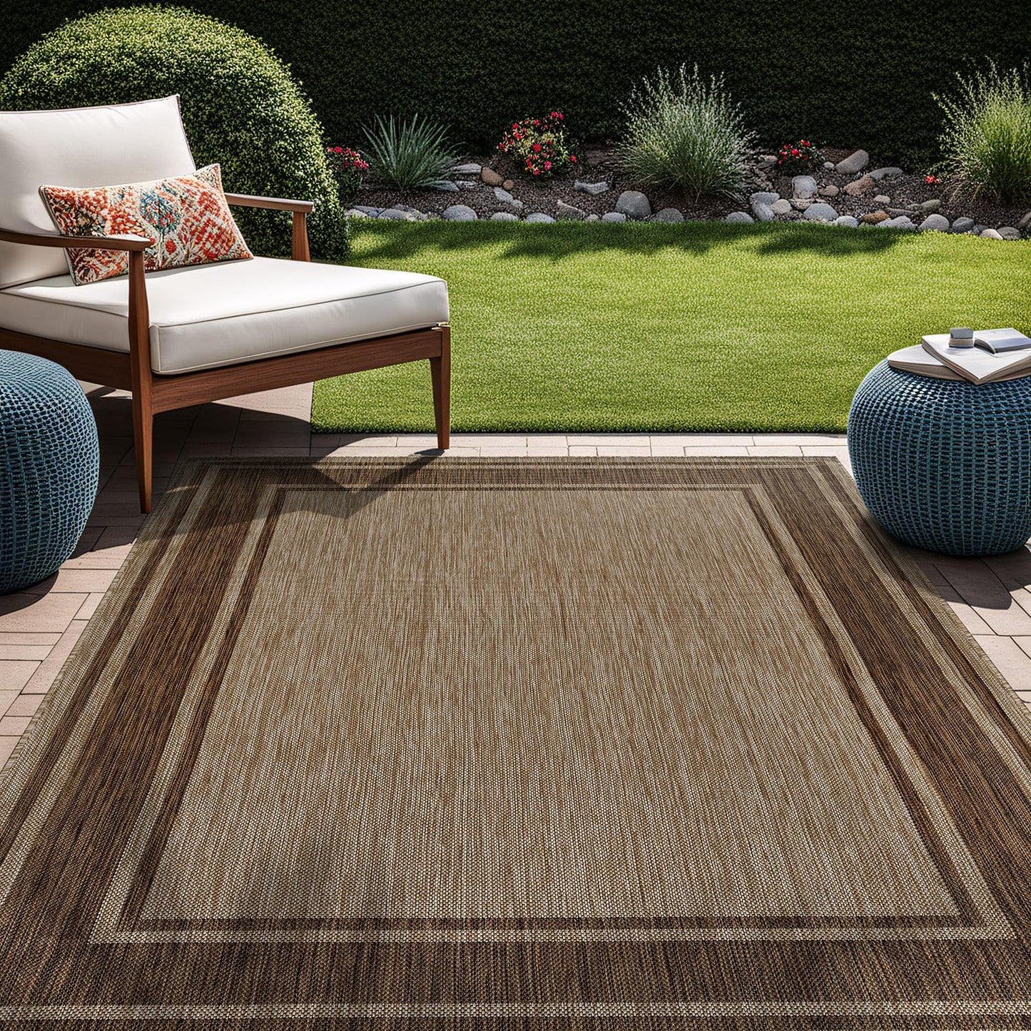 Beverly Rug Outdoor Rug 5x7 Modern Bordered Area Rugs for Indoor and Outdoor Patio Deck Porch Garden Waterproof Weather Sun Resistant Washable Outside Carpet (5 x 7 Jute)