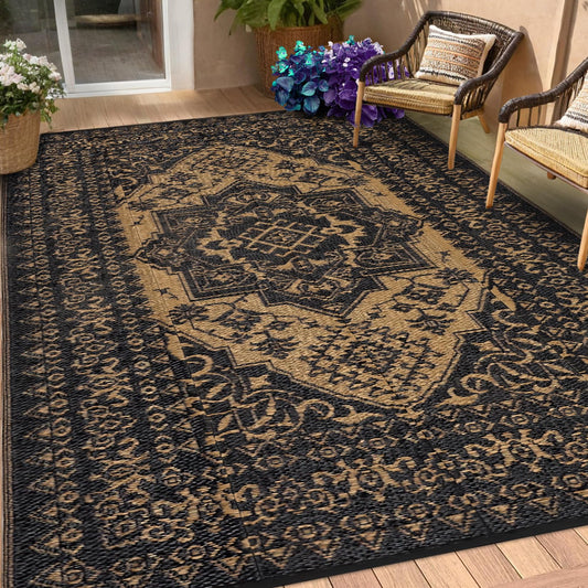 Garvee Outdoor Patio Rug 9x12 Waterproof Reversible Mat Medallion Outdoor Plastic Straw Rug with 4 Stakes and Starage Bag Portable Area Rug for Camping Porch Deck Rv Balcony Backyard Beach, Brown