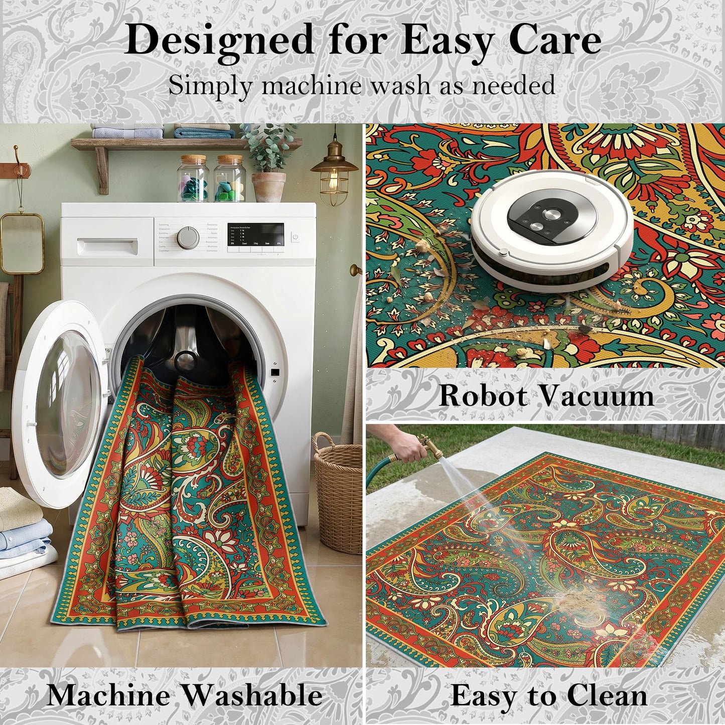 Arenarug Paisley Outdoor Rug Waterproof 5x8, UV Resistant Non Slip Patio Rug, Indoor Outdoor Boho Camping Rug Linen-Look RV Carpet for Deck Balcony Backyard, Terracotta
