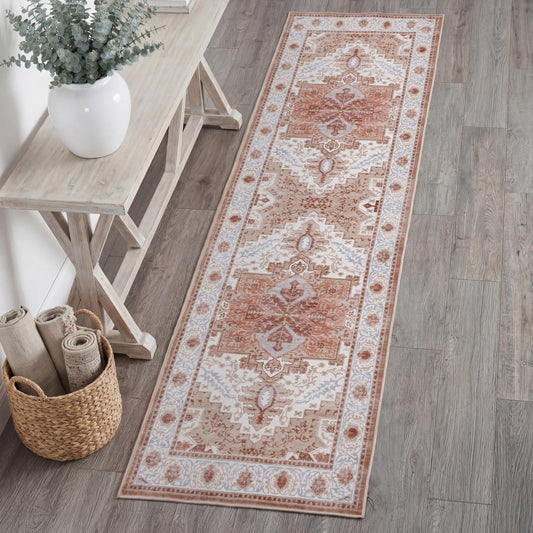 JONATHAN Y Ultra-Soft Machine-Washable Rug with Non-Skid Backing, Cream/Terra 2'x8' Eleanor Vintage Medallion Border, Non-Shedding, Velvet Luxury Feel for Living Room, Dining Room, Bedroom VOR100G-28