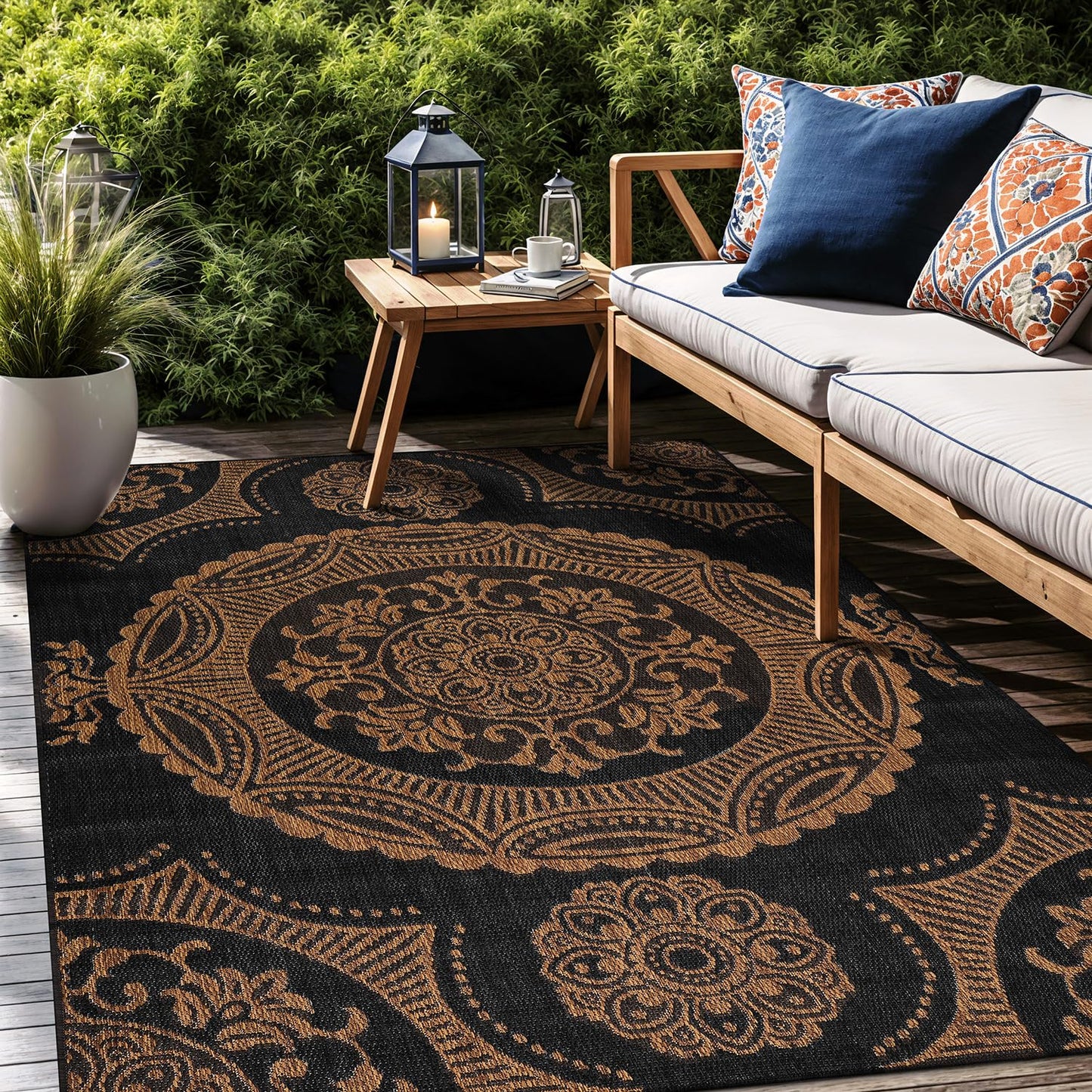 Luul Home Medallion Outdoor Rug 5x7 Washable Outside Carpet for Indoor Patio Porch Waterproof Easy Cleaning Non Shedding Area Rugs Nut Brown 5 x 7