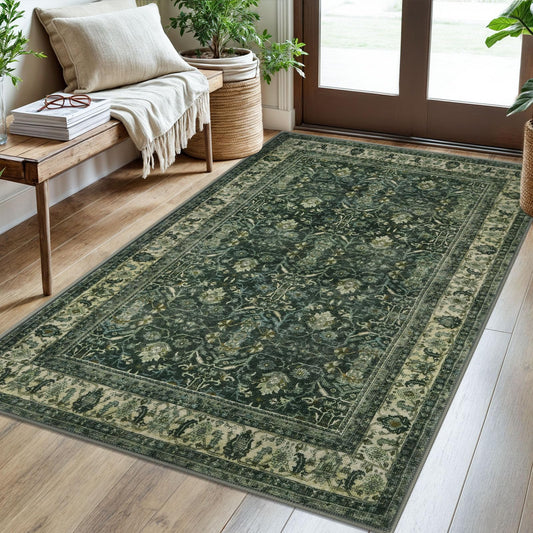 SIILOOM 3x5 Washable Area Rug for Entryway, Dark Green Soft Tribal Floral Rug with Slip-Resistant, Low-Pile Vintage Tribal Area Rugs for Entryway Bedroom, Dorm Carpet with Non-Shedding