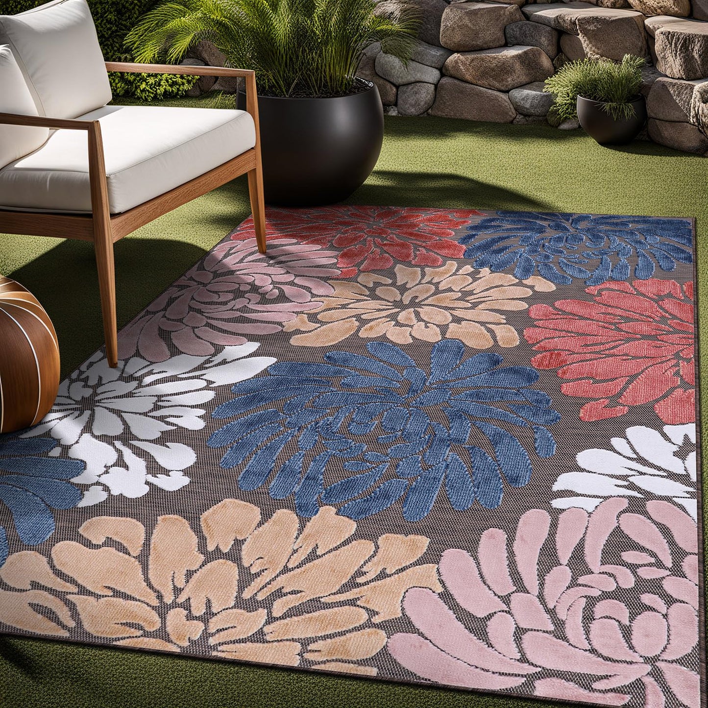Luul Home Floral Indoor Outdoor Rugs 5x7 Large Area Rug for Living Room, Patio Decor, Kitchen, and Entryway Rug, Washable Stain Resistant Outside Carpet Brown 5 x 7