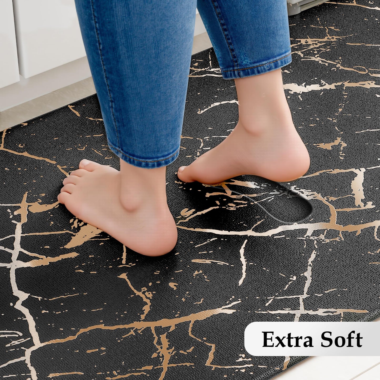 Gold Foil Stamped Marble Kitchen Mats for Floor 2PCS Cushioned Anti Fatigue Non Slip Waterproof Comfort Leather Kitchen Rugs 2/5 Inch PVC Kitchen Mats for Sink, Laundry, 17.3"x28"+17.3"x47", Black