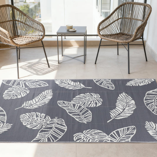 olofable ‌Reversible Waterproof Outdoor Rug – Lightweight UV-Resistant Rug for Patio, Camping & Beach (Grayish-White Leaves, 5' x 8' (Rectangular))