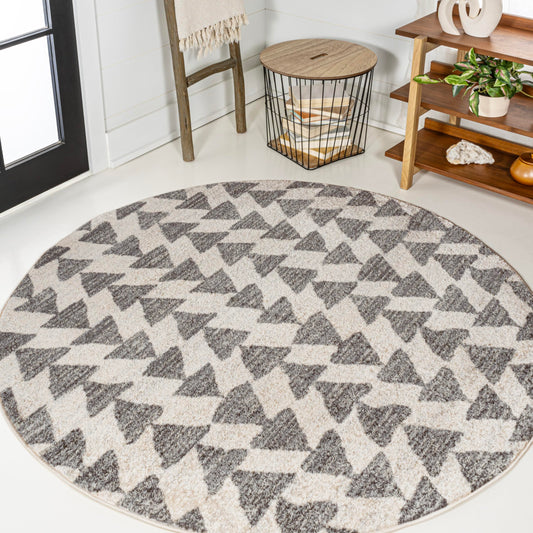 JONATHAN Y Aisha Moroccan Triangle Geometric Cream/Gray 4' Round Indoor Area Rug, Contemporary, Modern, Easy-Cleaning for Living Room, Bedroom, Kitchen, Pet Friendly, Non-Shedding (MOH206B-4R)