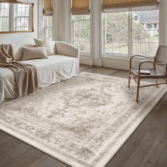 PureCozy Area Rug 5x7 Beige Washable Living Room Carpet Non Slip Vintage Medallion Low Pile Soft Indoor Bedroom Retro Distressed Indoor Rug for Kitchen Home Office Laundry Dining Room