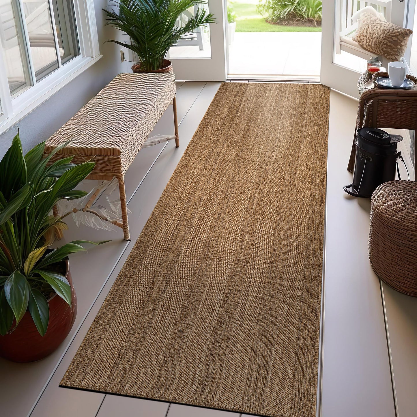 Rugshop Striped Indoor Outdoor Flat Woven Runner Rug,Natural Jute-Style,Easy-Care Patio Rug for Backyard Porch Deck Balcony, 2'3" x 8' Natural/Jute