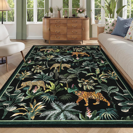 GAOMON Tiger Leopard Animals 9x12 Area Rug Large Washable Rugs for Living Room Bedroom Non Slip Soft Kids Rug Botanical Animal Print Foldable Indoor Carpet for Dining Room Office Nursery Dorm Black