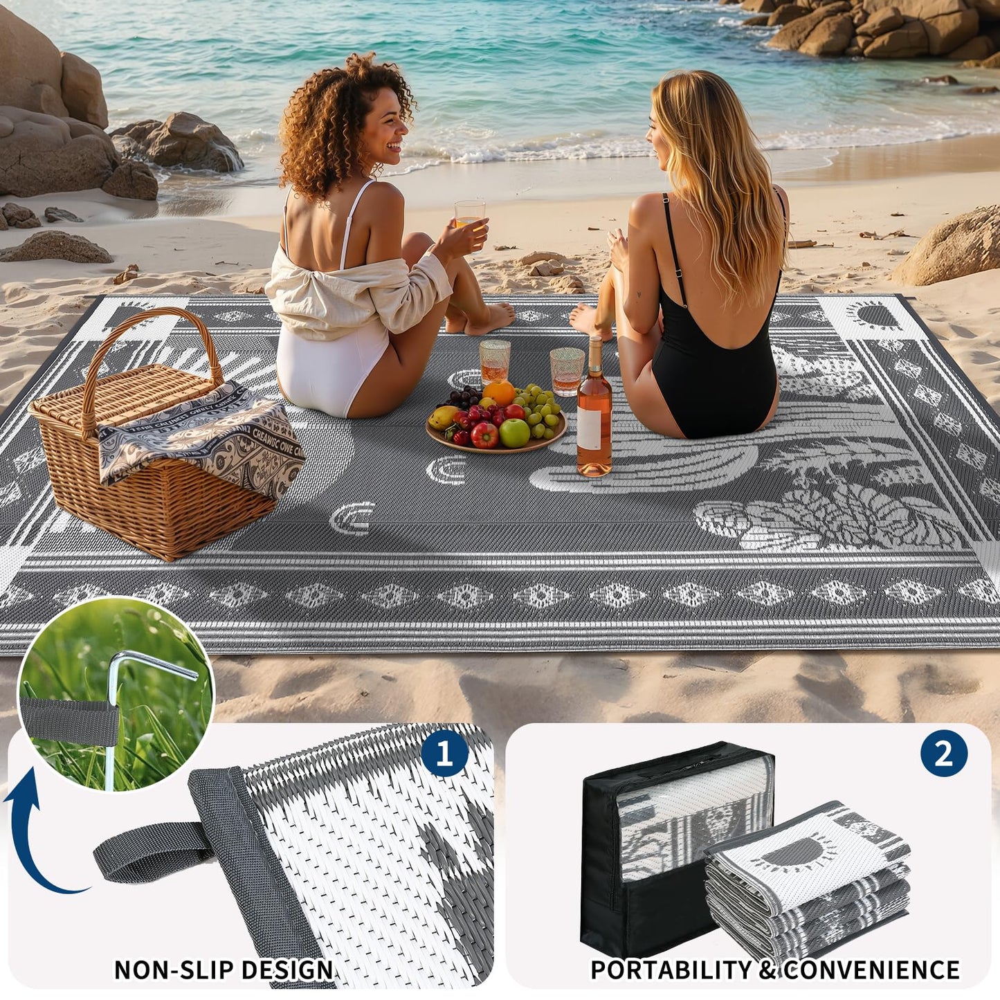 Garvee Waterproof Outdoor Rug 5x8, Cactus Botanical Outdoor Plastic Straw Rug for Camping, Reversible RV Mat Outside, Indoor Outdoor Carpet for Porch, Deck, Backyard, Balcony, Picnic, Grey