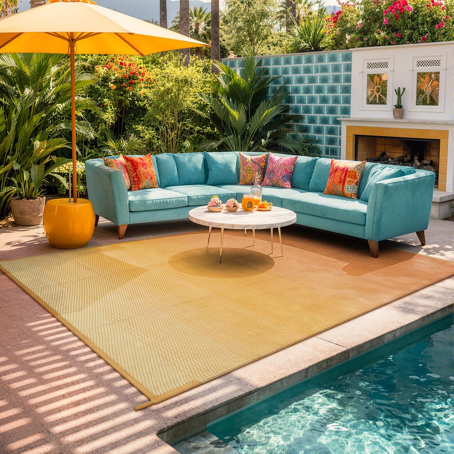 Lahome Waterproof RV Outdoor Rugs for Camping 8x10,Reversible Plastic Straw Rug Patio Rv Mats for Outside Under Awning,Portable Lightweight Carpet for Porch Backyard,Orange-Yellow 8x10