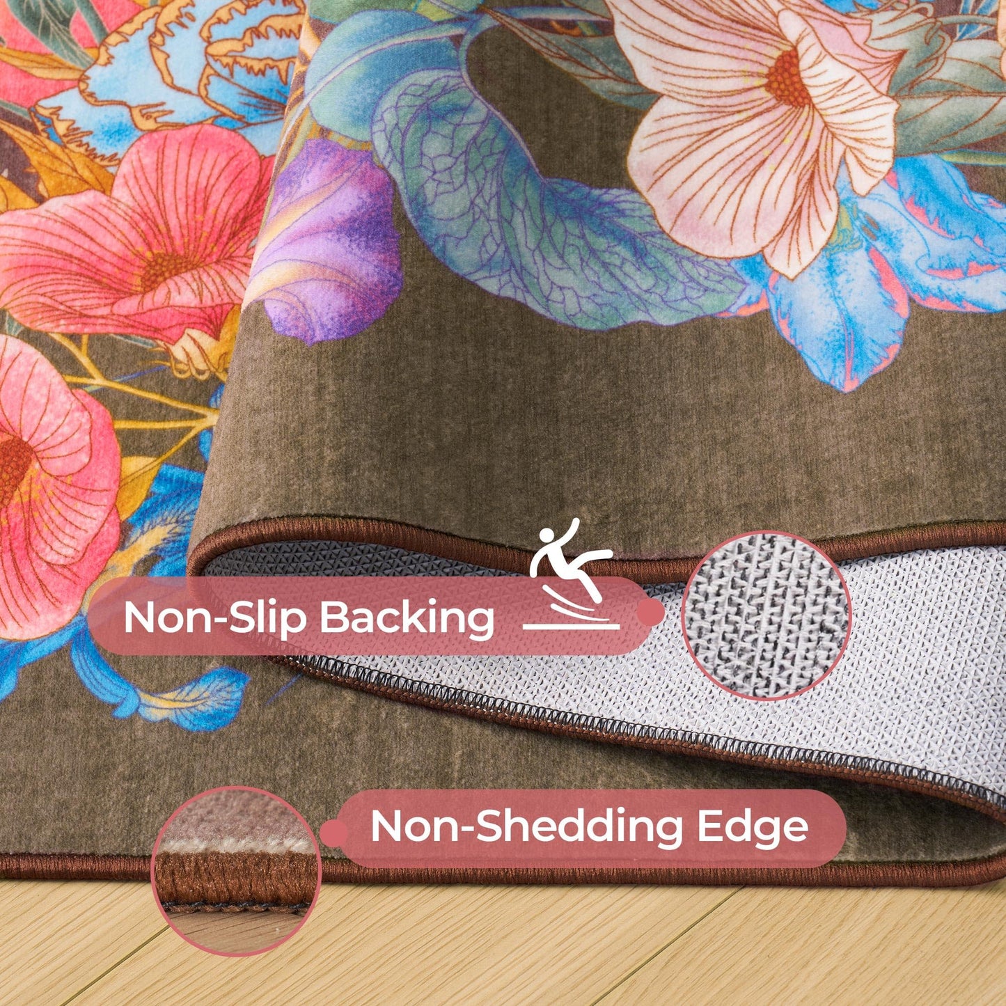 8x10 Floral Area Rug for Living Room Machine Washable Rose Brown Boho Floral Print Carpet Non-Slip Stain Resistant Floor Mat for Bedroom Dining Room Home Office Decor
