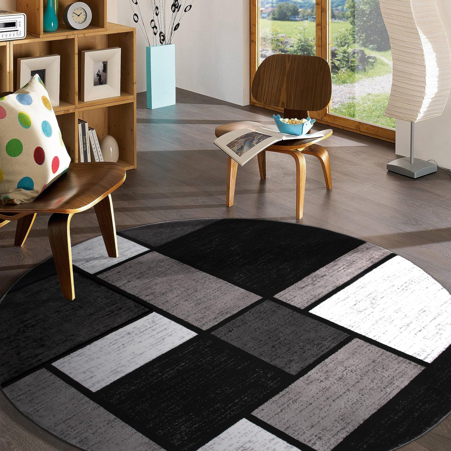 Rugshop Contemporary Modern Boxes for Home Office,Living Room,Bedroom,Kitchen Non Shedding Area Rug 6' 6" Gray (6' 6" Diameter)