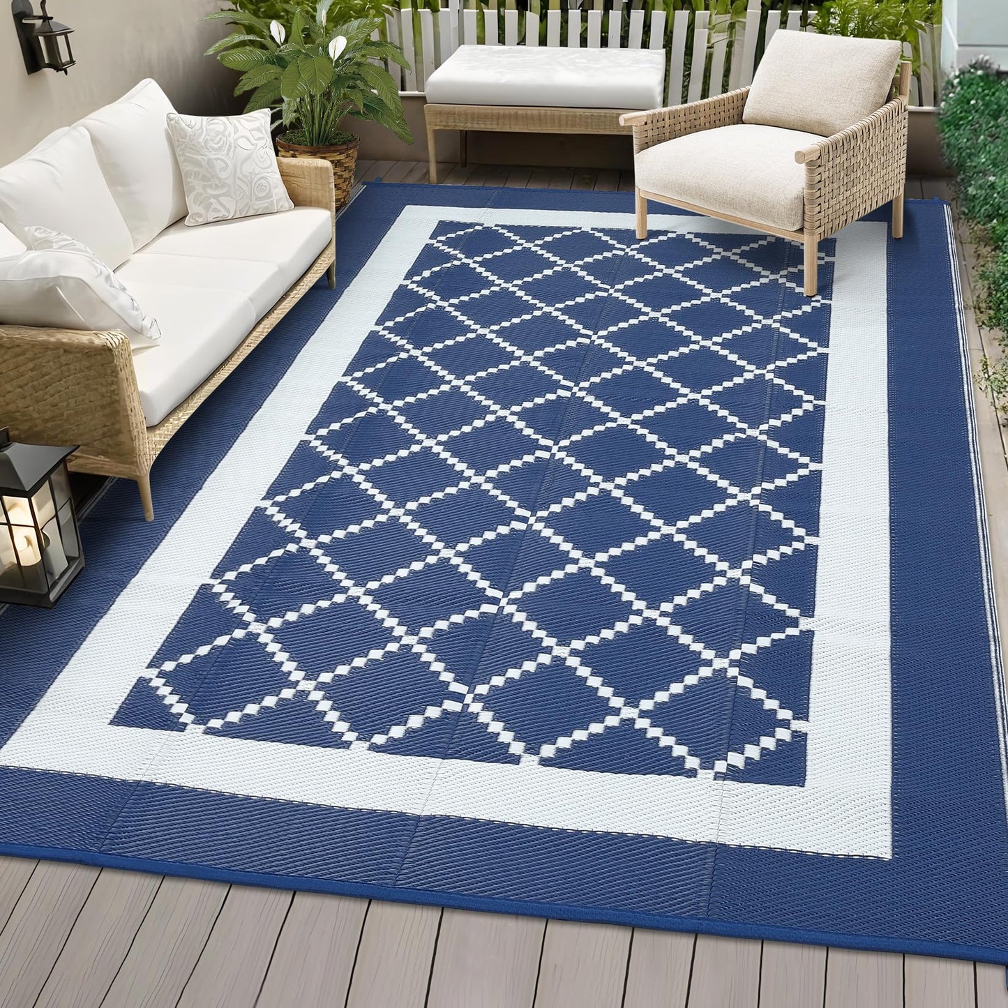 COZYLOOM Outdoor Patio Rug 9x18 Waterproof Reversible Plastic Straw Mat, Large Indoor Outdoor Rugs Modern Area Rug for Deck, Balcony, Pool, Camping, Beach, Picnic, Porch, RV, Navy&White
