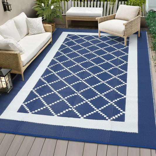 COZYLOOM Outdoor Patio Rug 9x18 Waterproof Reversible Plastic Straw Mat, Large Indoor Outdoor Rugs Modern Area Rug for Deck, Balcony, Pool, Camping, Beach, Picnic, Porch, RV, Navy&White