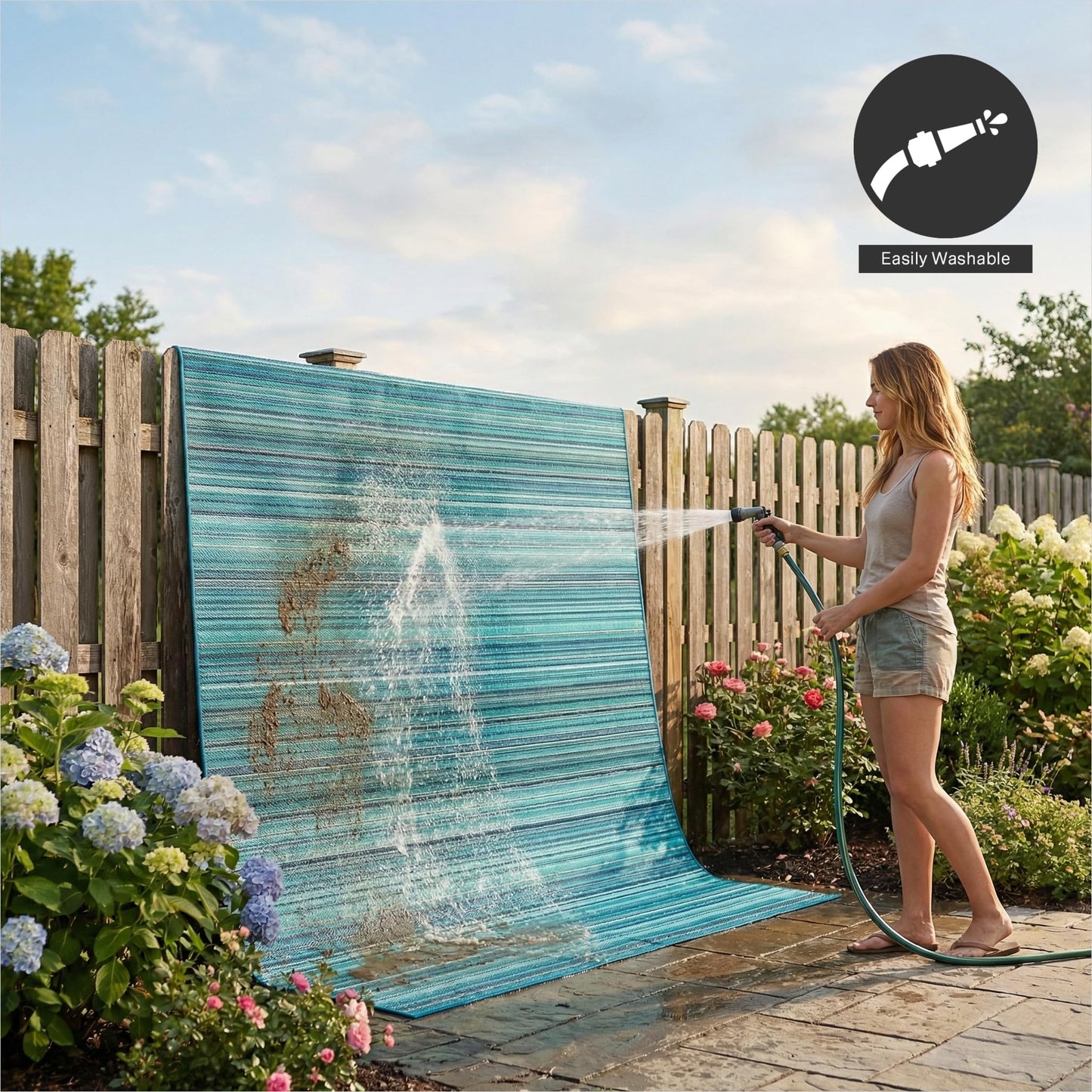 FH Home Outdoor Camping Rug - Waterproof, Fade Resistant, Reversible - Premium Recycled Plastic - Striped - Large Patio, Deck, Sunroom, RV - Havana - Turquoise - 9 x 12 ft Foldable